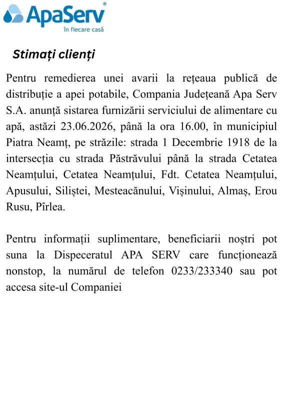 Anunțuri APA SERV 2026