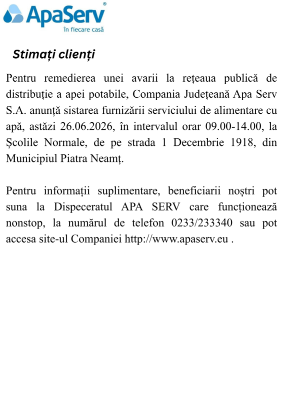 Anunțuri APA SERV 2026