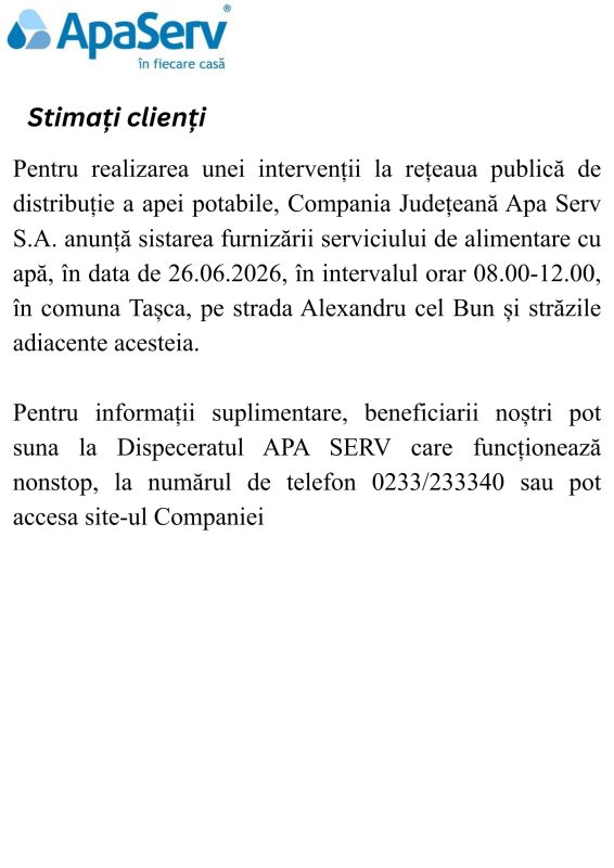 Anunțuri APA SERV 2026