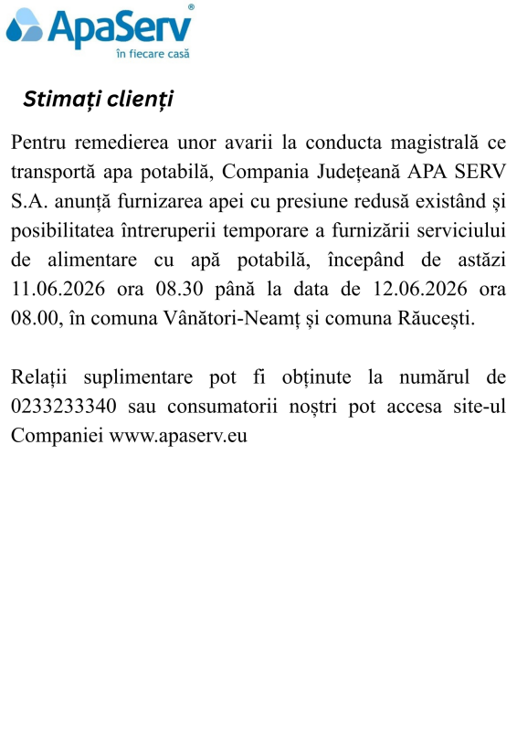 Anunțuri APA SERV 2026