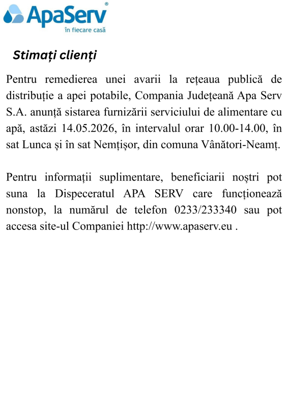 Anunțuri APA SERV 2026