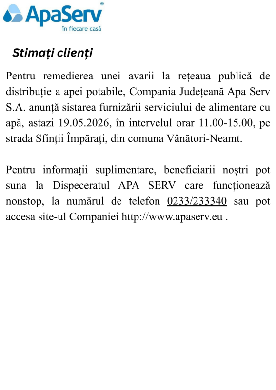 Anunțuri APA SERV 2026