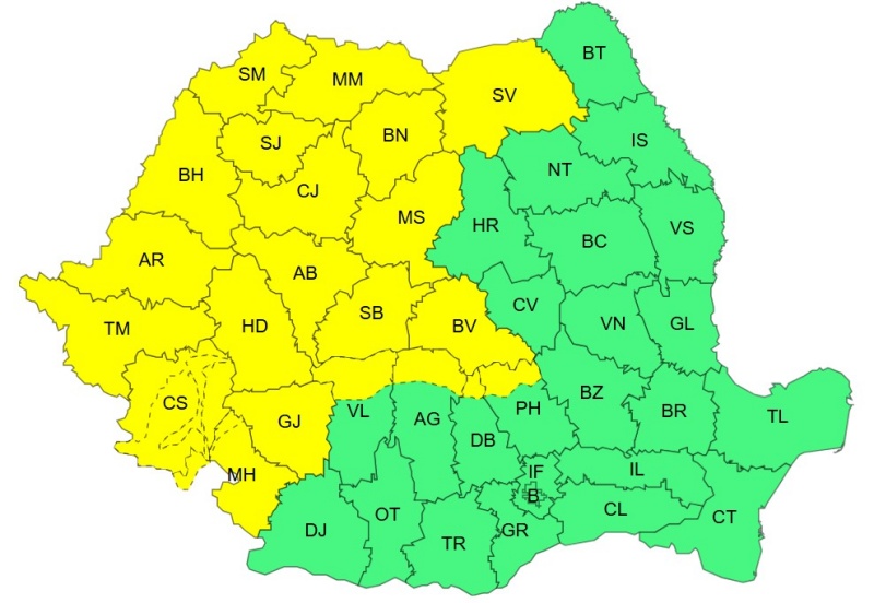 Suceava. Atenționare meteo cod galben: averse torențiale, vânt, vijelii, descărcări electrice și grindină