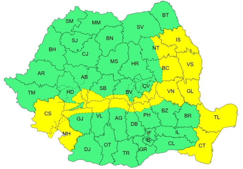 Cod galben de vânt în Neamț, Bacău, Iași și Vaslui