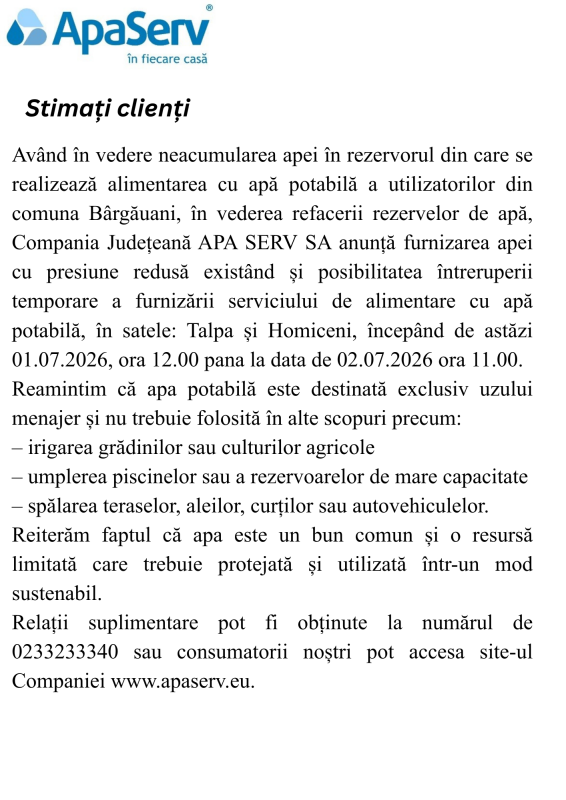 Anunțuri APA SERV 2026