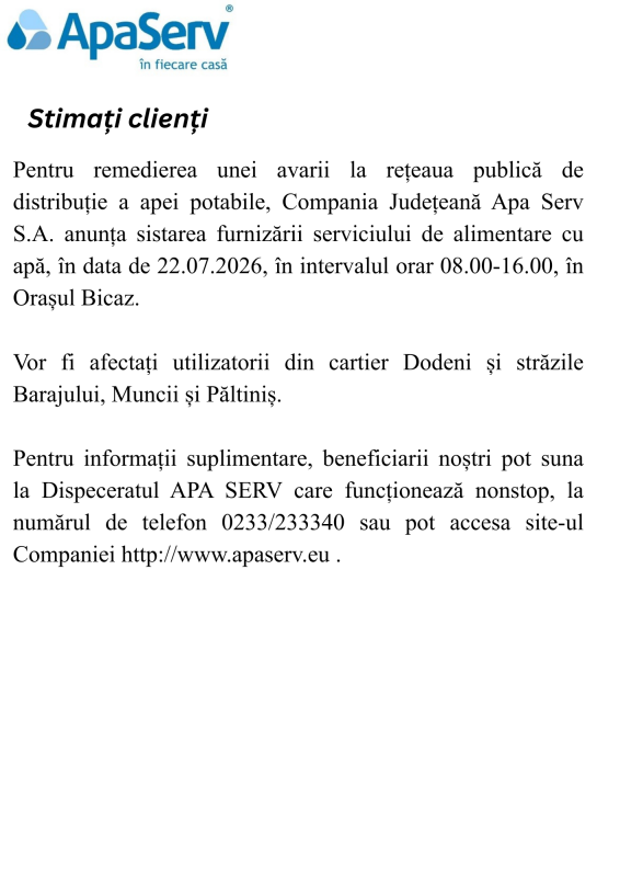 Anunțuri APA SERV 2026