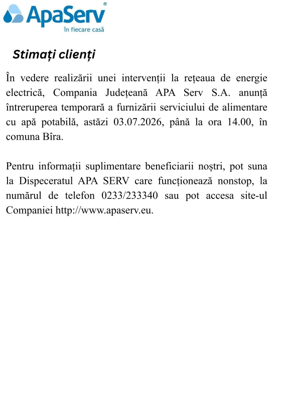 Anunțuri APA SERV 2026