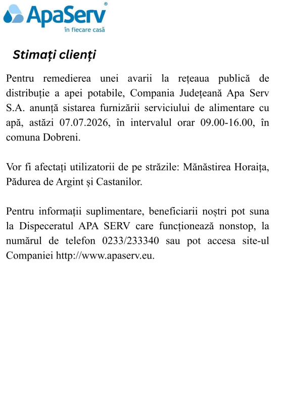 Anunțuri APA SERV 2026