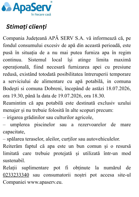 Anunțuri APA SERV 2026