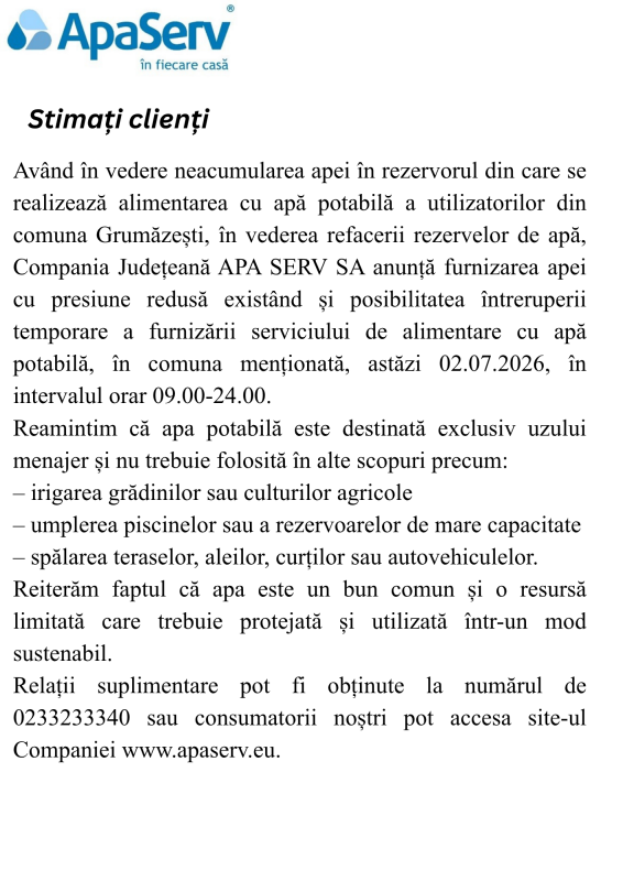 Anunțuri APA SERV 2026