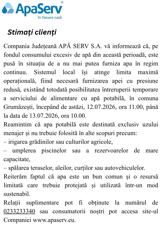 Anunțuri APA SERV 2026