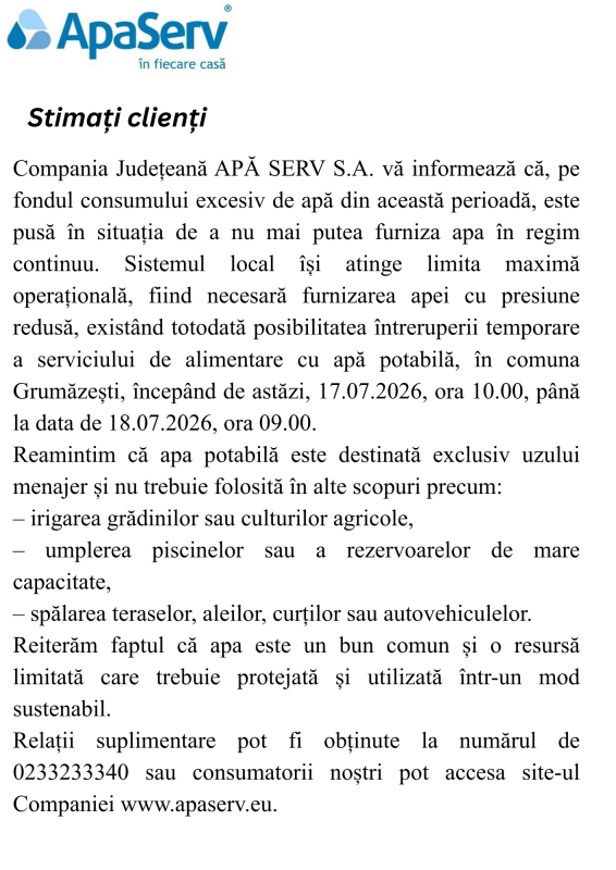 Anunțuri APA SERV 2026