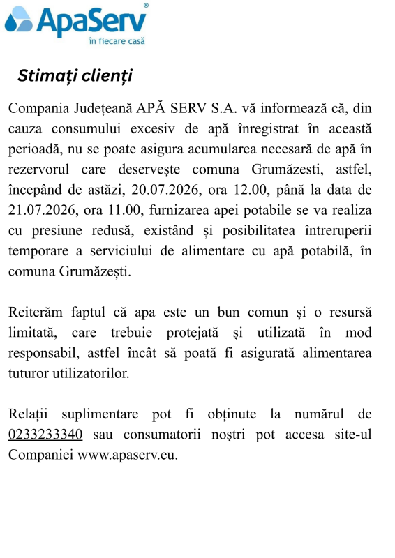 Anunțuri APA SERV 2026