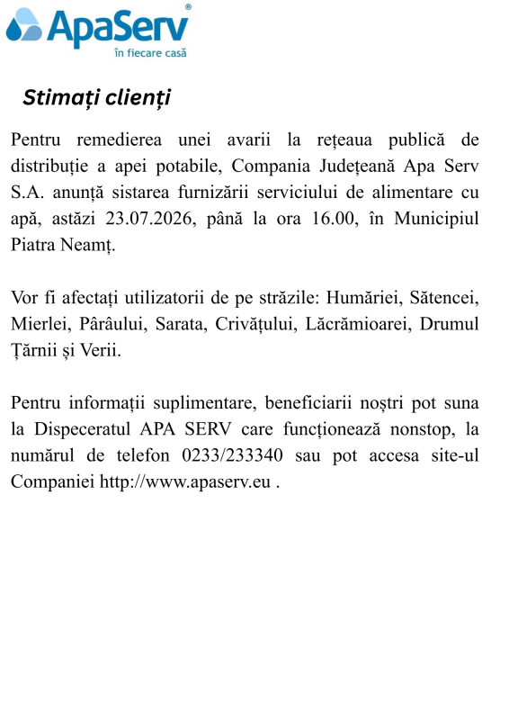 Anunțuri APA SERV 2026