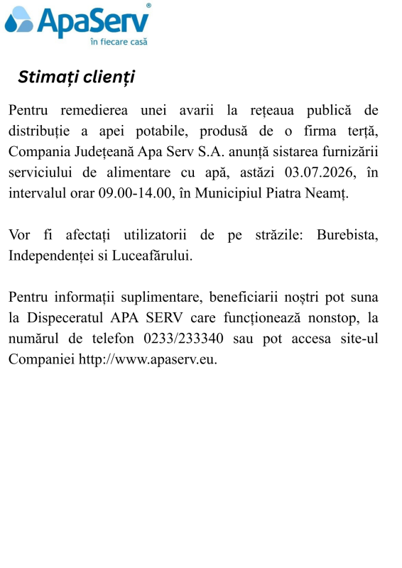 Anunțuri APA SERV 2026