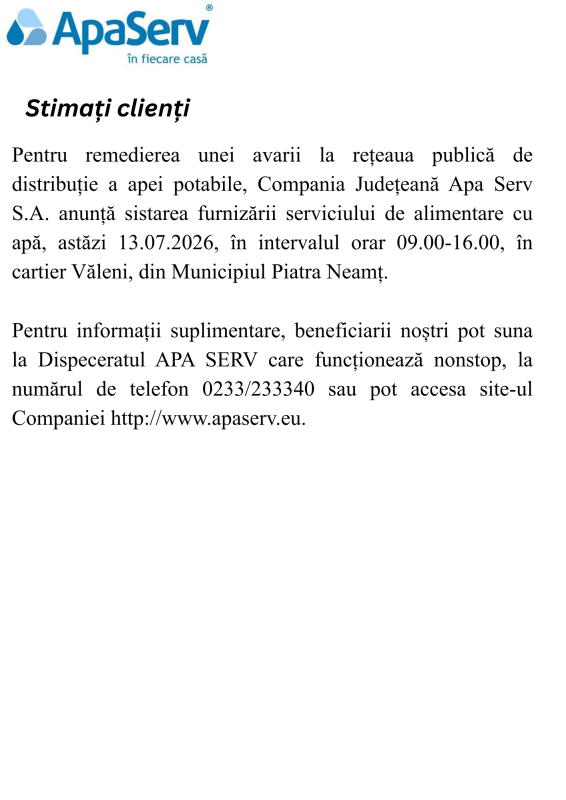 Anunțuri APA SERV 2026