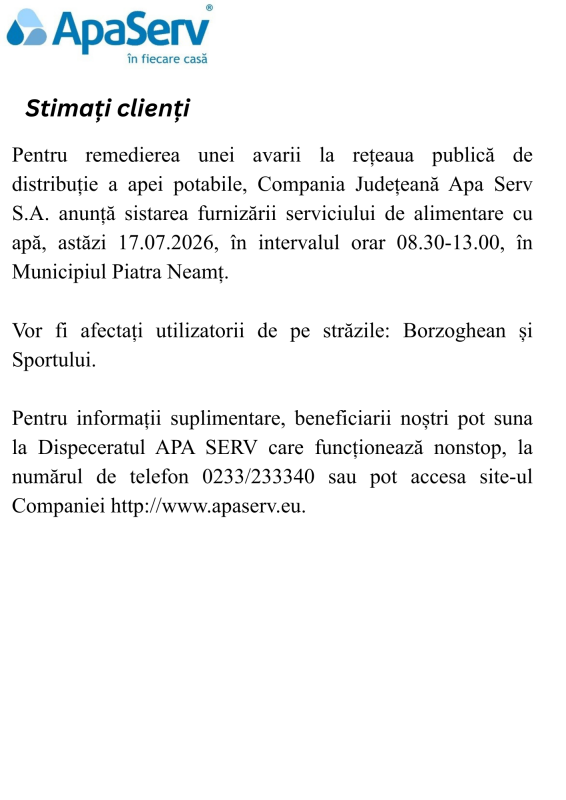 Anunțuri APA SERV 2026