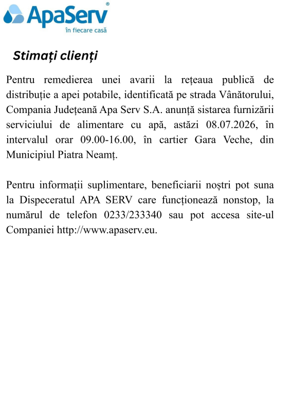 Anunțuri APA SERV 2026