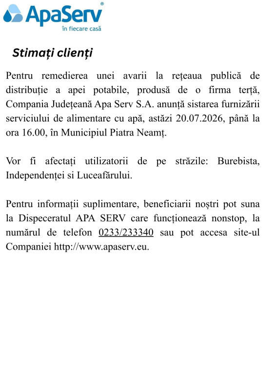 Anunțuri APA SERV 2026