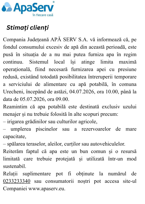 Anunțuri APA SERV 2026