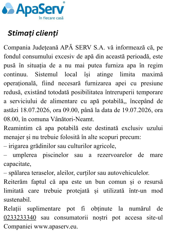 Anunțuri APA SERV 2026
