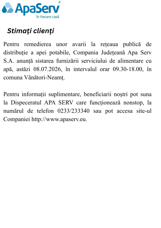 Anunțuri APA SERV 2026