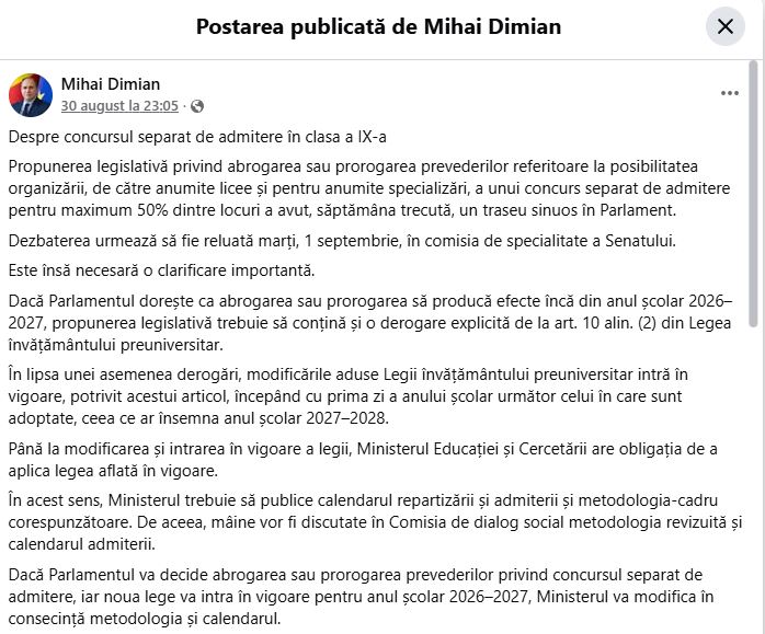 Paradox politico-legislativ. Admiterea dublă la liceu a intrat în vigoare, dar parlamentul o (re)discută! 1 Postare ministru Dimian despre admiterea la liceu