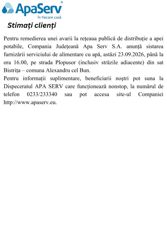 Anunțuri APA SERV 2026