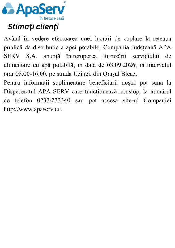 Anunțuri APA SERV 2026