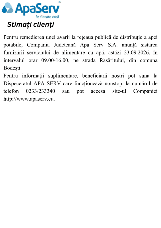 Anunțuri APA SERV 2026
