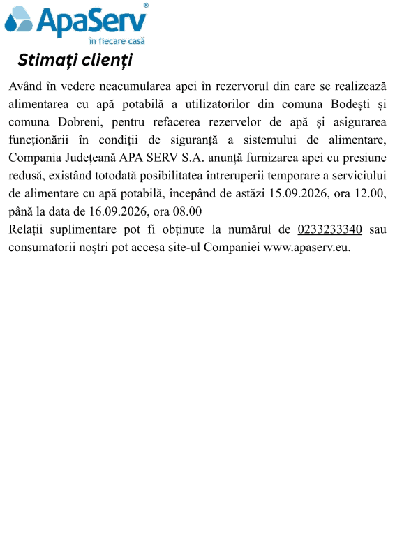 Anunțuri APA SERV 2026