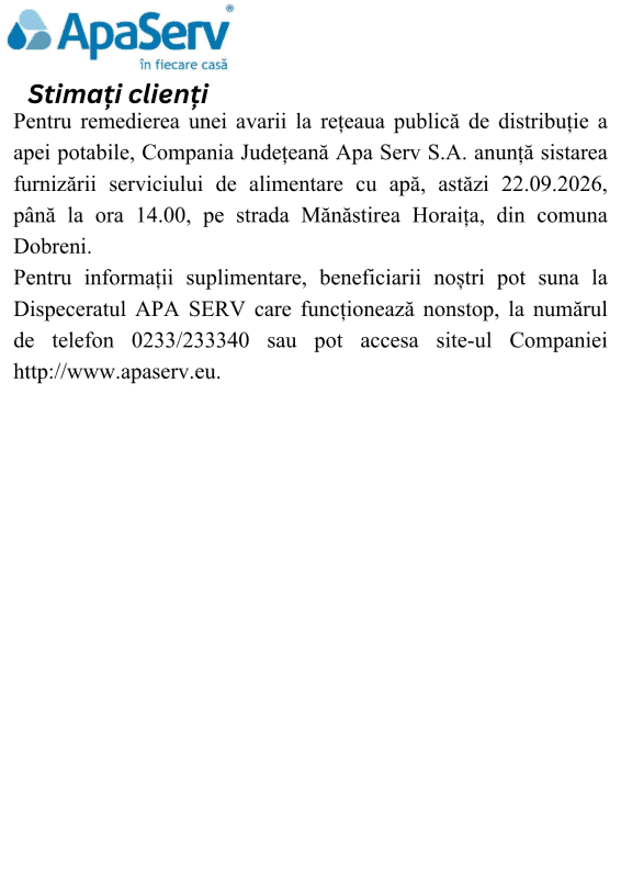 Anunțuri APA SERV 2026