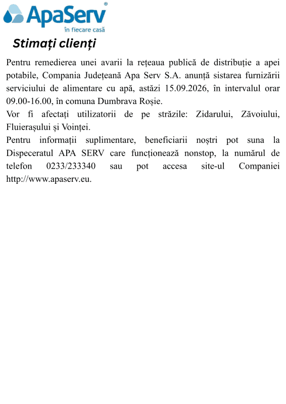 Anunțuri APA SERV 2026