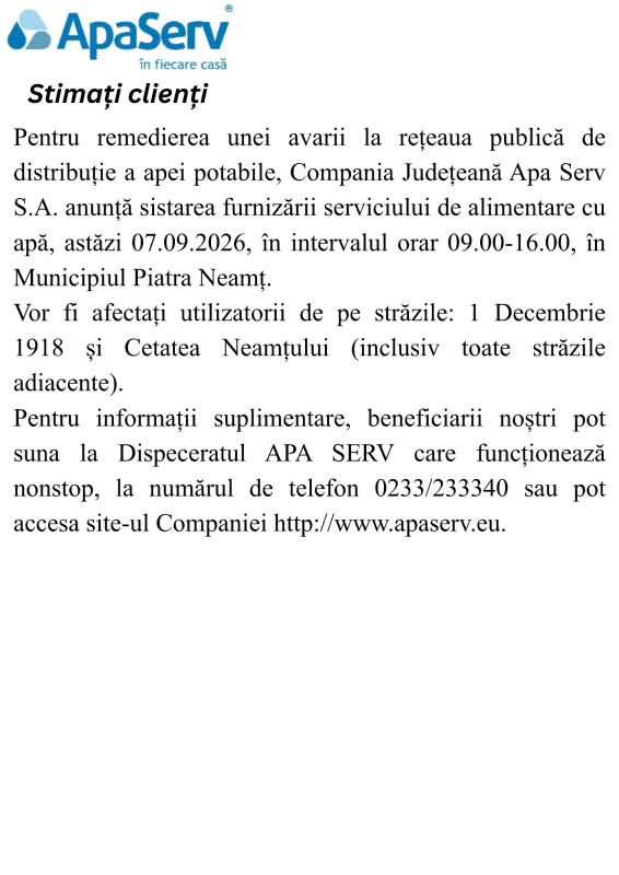 Anunțuri APA SERV 2026