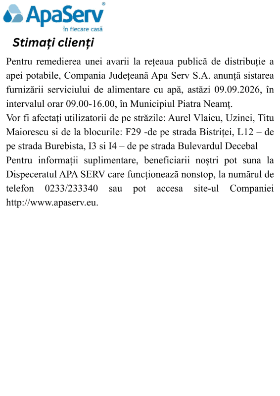 Anunțuri APA SERV 2026