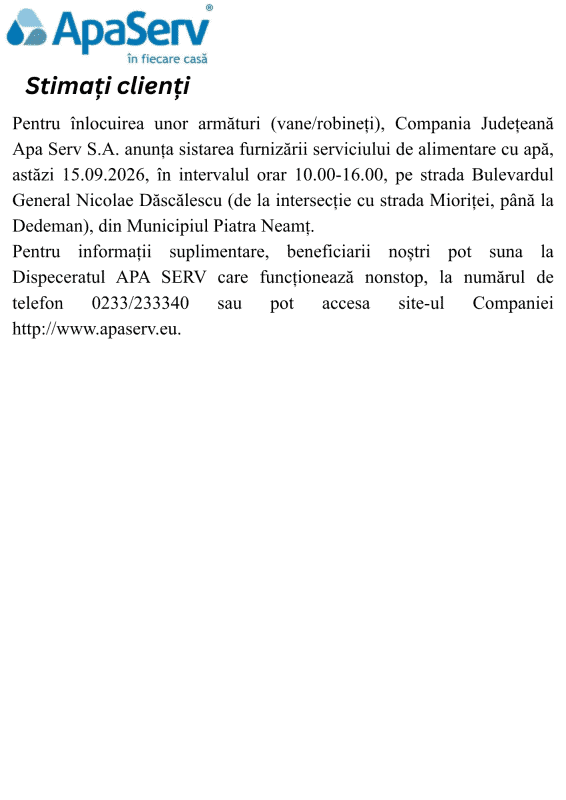 Anunțuri APA SERV 2026