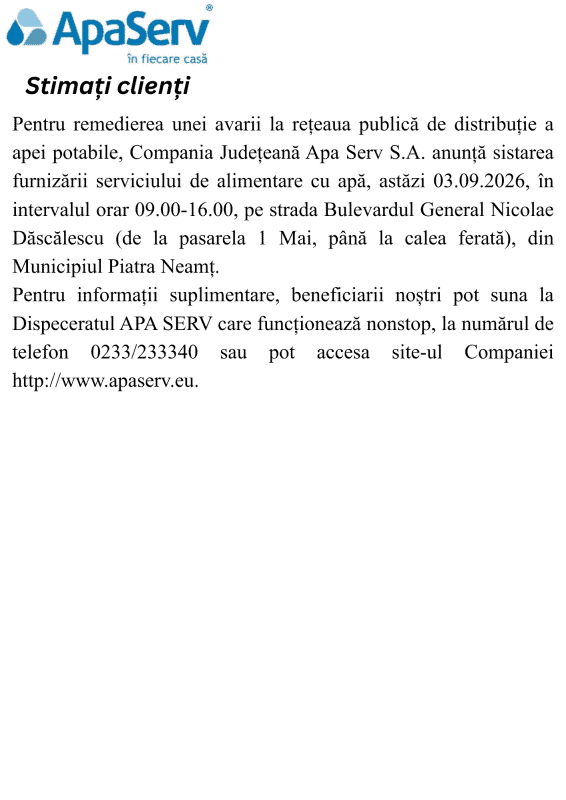 Anunțuri APA SERV 2026