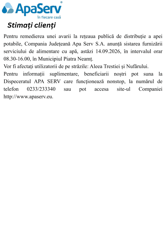Anunțuri APA SERV 2026