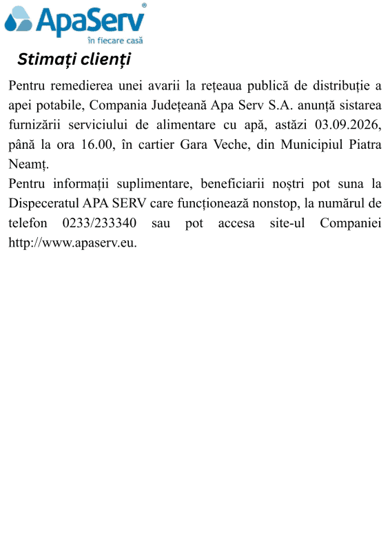 Anunțuri APA SERV 2026