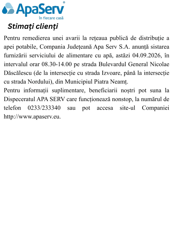 Anunțuri APA SERV 2026