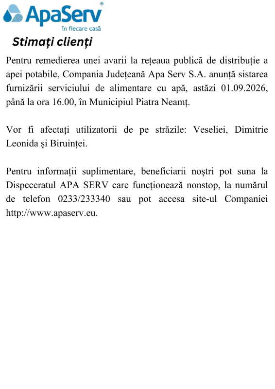Anunțuri APA SERV 2026