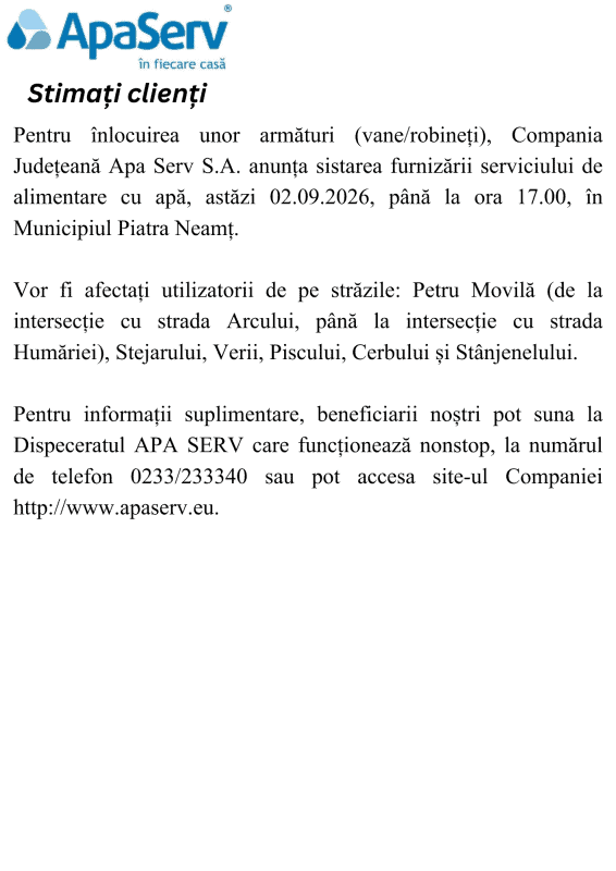 Anunțuri APA SERV 2026