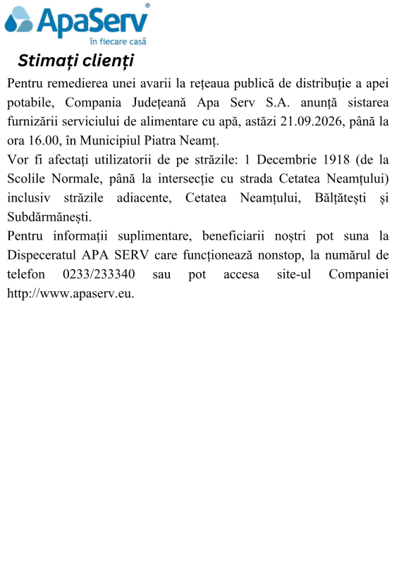 Anunțuri APA SERV 2026