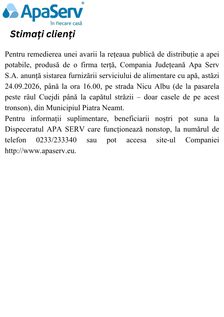 Anunțuri APA SERV 2026