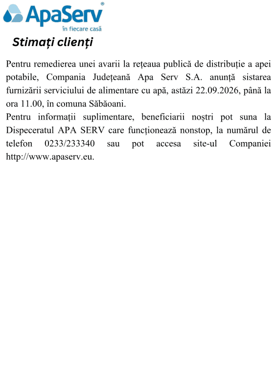 Anunțuri APA SERV 2026