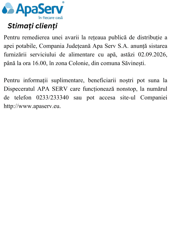Anunțuri APA SERV 2026