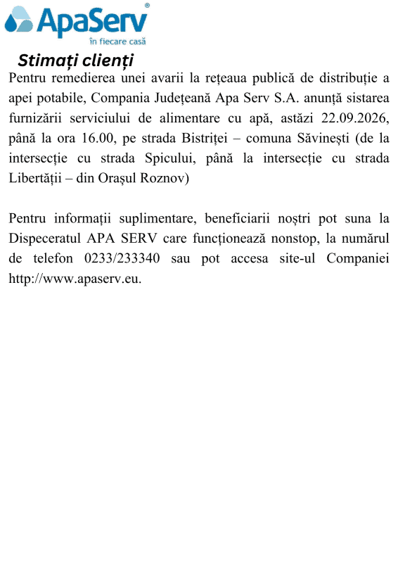 Anunțuri APA SERV 2026
