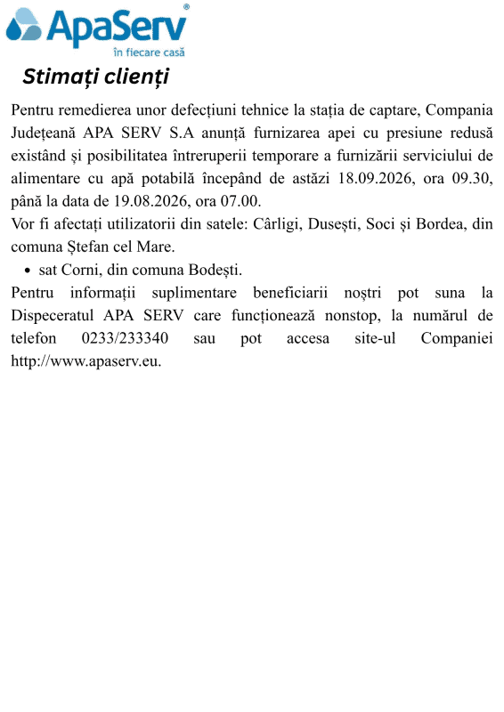 Anunțuri APA SERV 2026