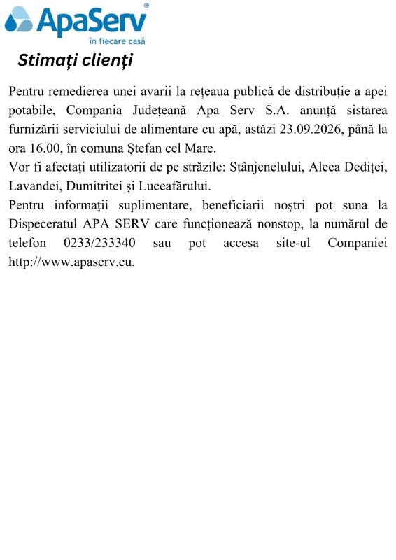 Anunțuri APA SERV 2026