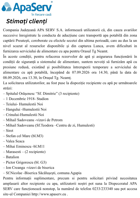Anunțuri APA SERV 2026